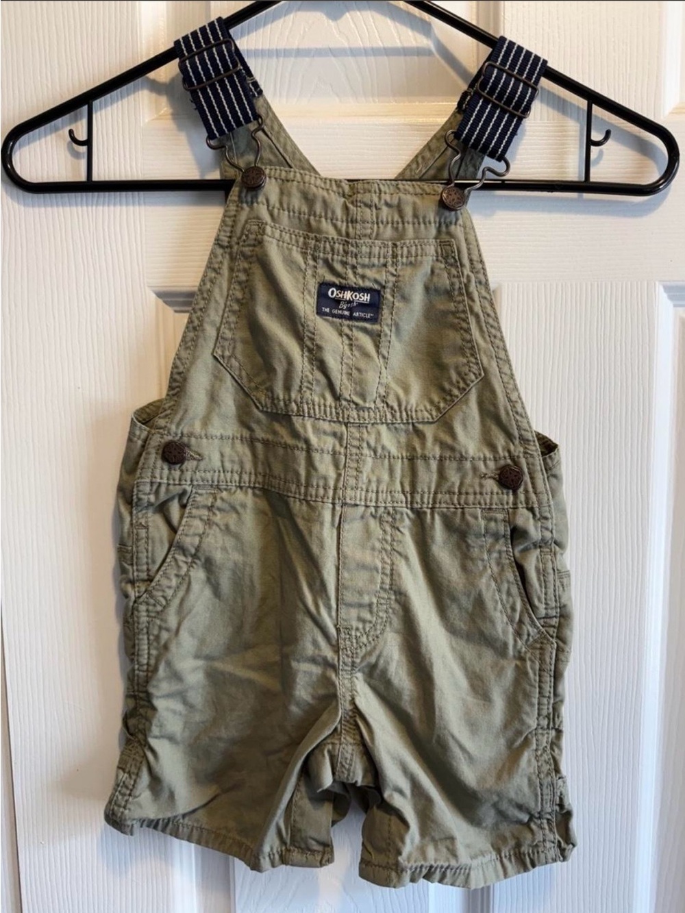 OshKosh B'gosh Olive Green Short Overalls with Navy Striped Straps